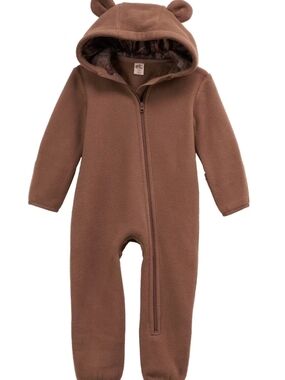 Cozy Brown Fleece One-Piece Romper with Hood and Ears - Baby